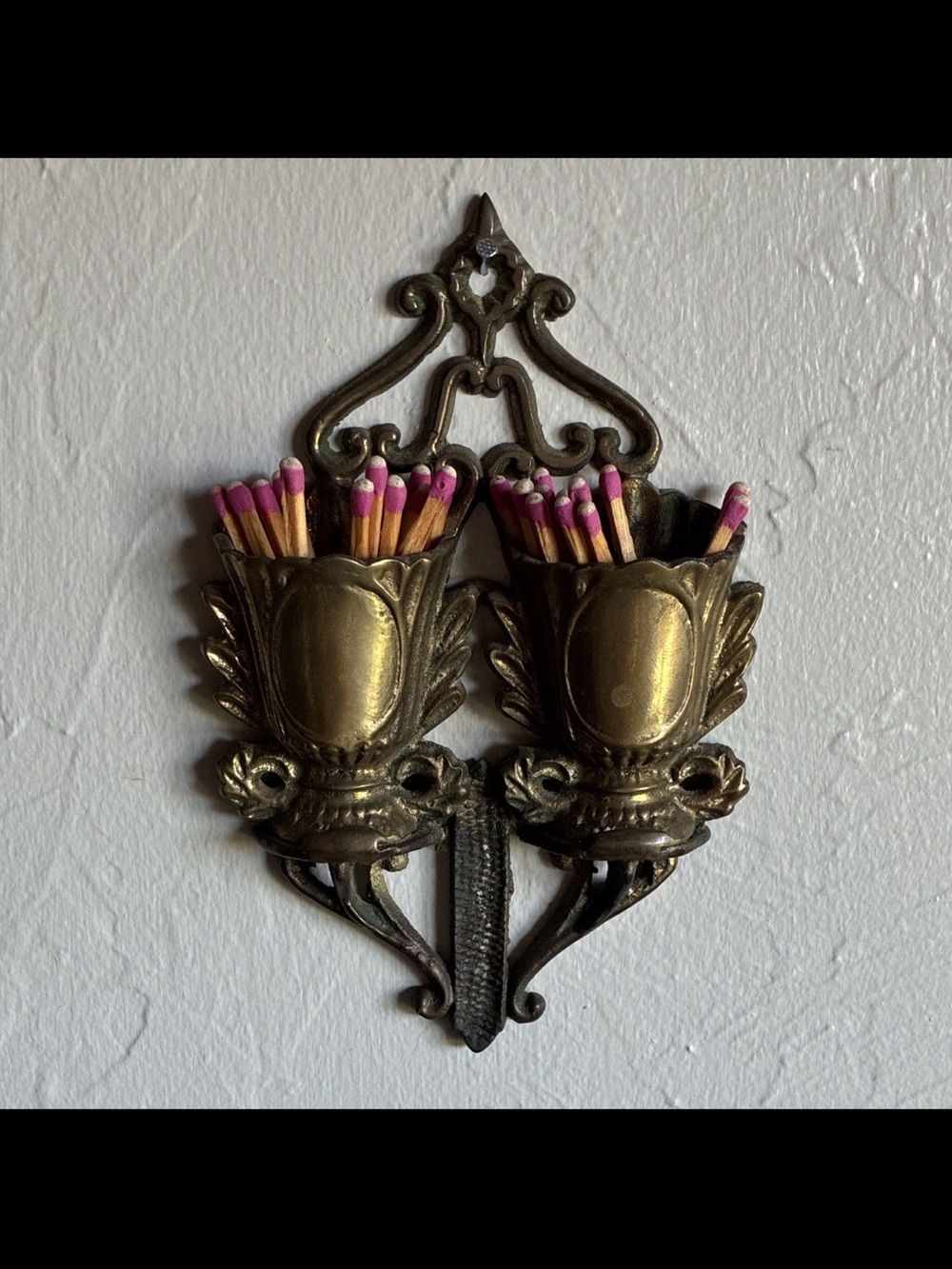 Antique Brass Cast Double Urn Match Holder and Striker for wall 1800’s